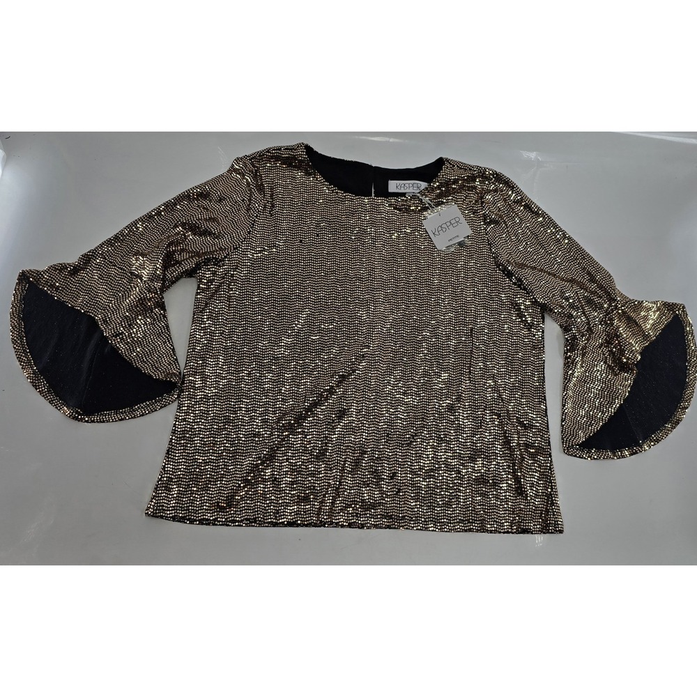 NWT Kasper Women's Shine Dot Ruffle SLV Blouse - Black/Gold - Size Petite XL